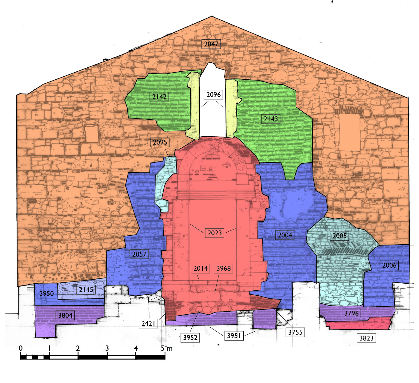 Figure 14. Elevation of church showing phasing and context numbers (Margaret Andrews, Nicola De Pace).