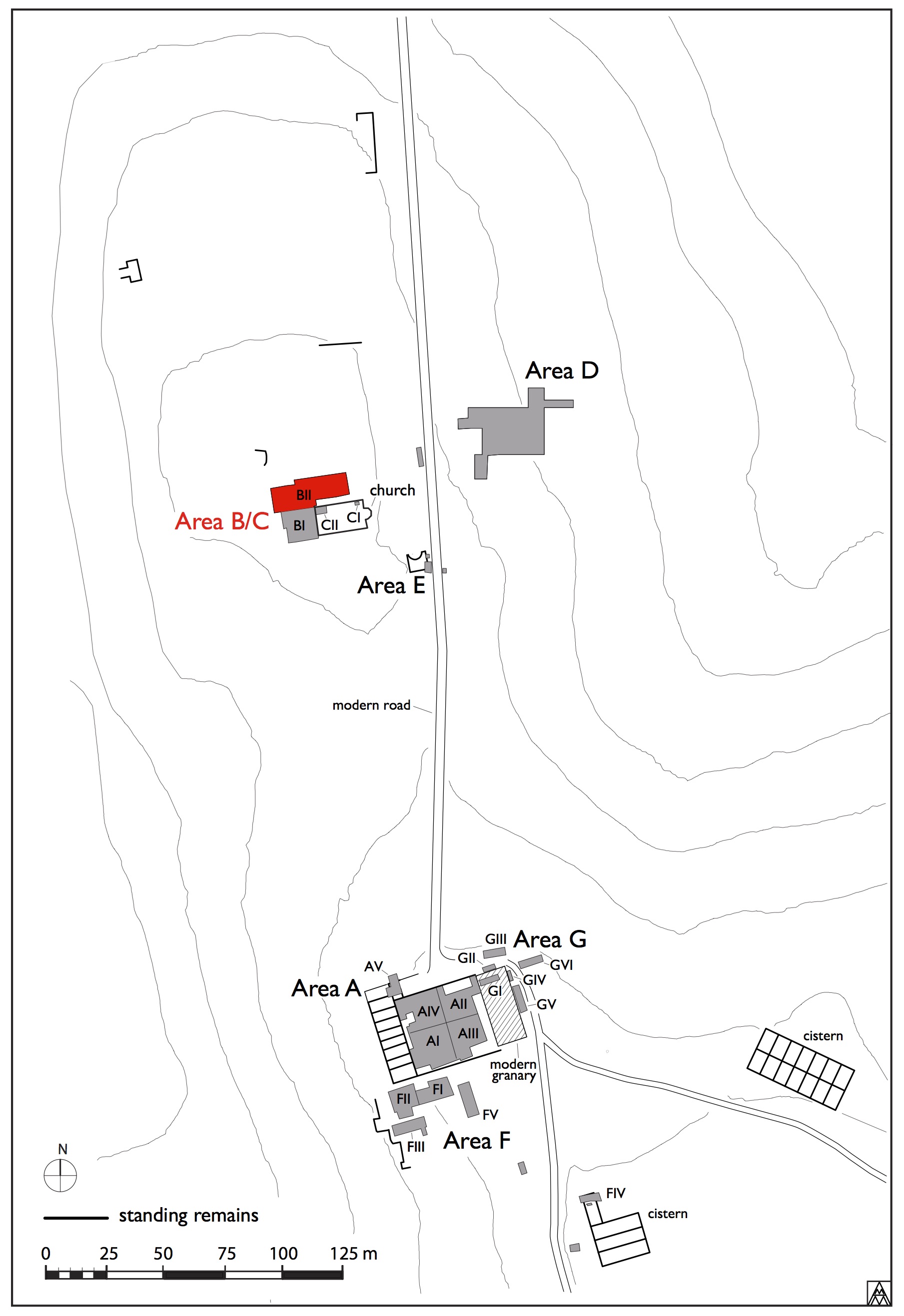 Figure 1. General site plan showing location of Trench BII (Margaret Andrews).
