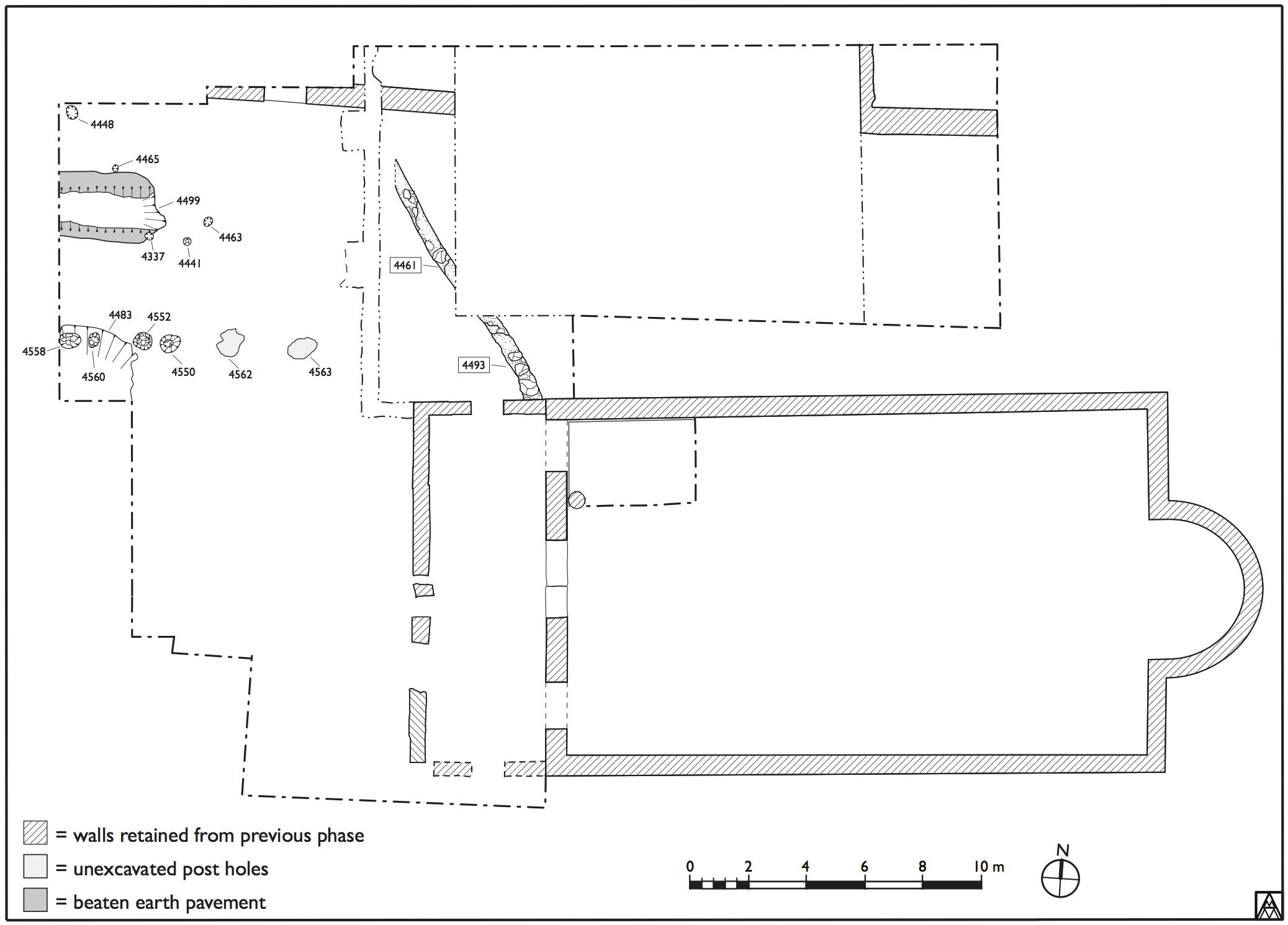 Figure 20. Plan of sunken-floored buildings and holes for fence (Margaret Andrews).
