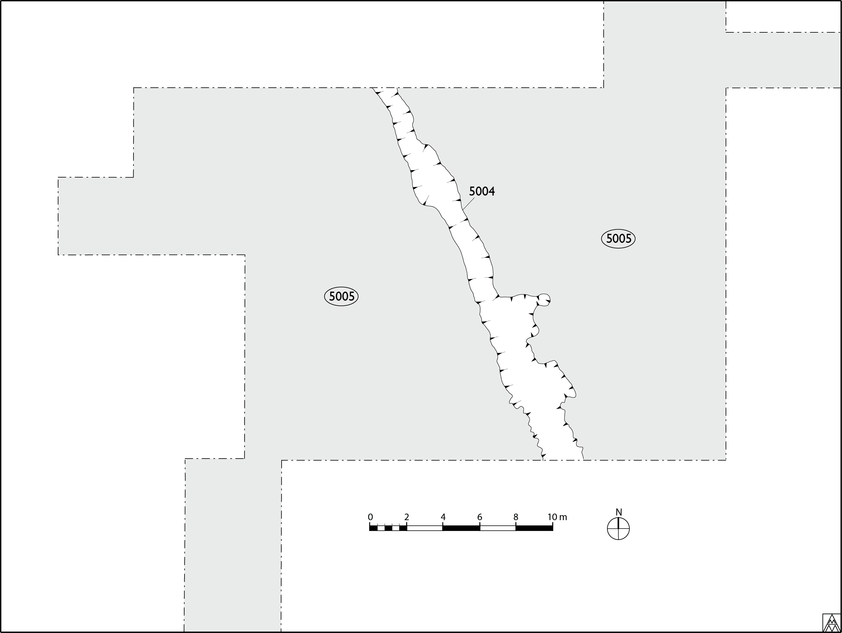 Figure 32. Plan of the ditch 5004 carved across the slope after the destruction of the reoccupied areas and the Large Rectangular Building (Margaret Andrews).