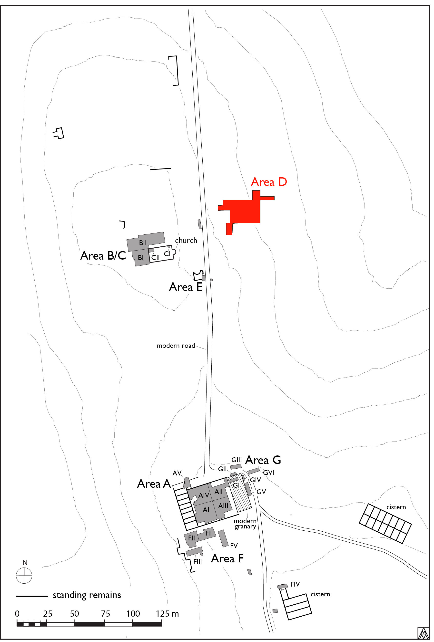 Figura 1. Pianta generale del sito con la localizzazione dell’Area D (Margaret Andrews).
