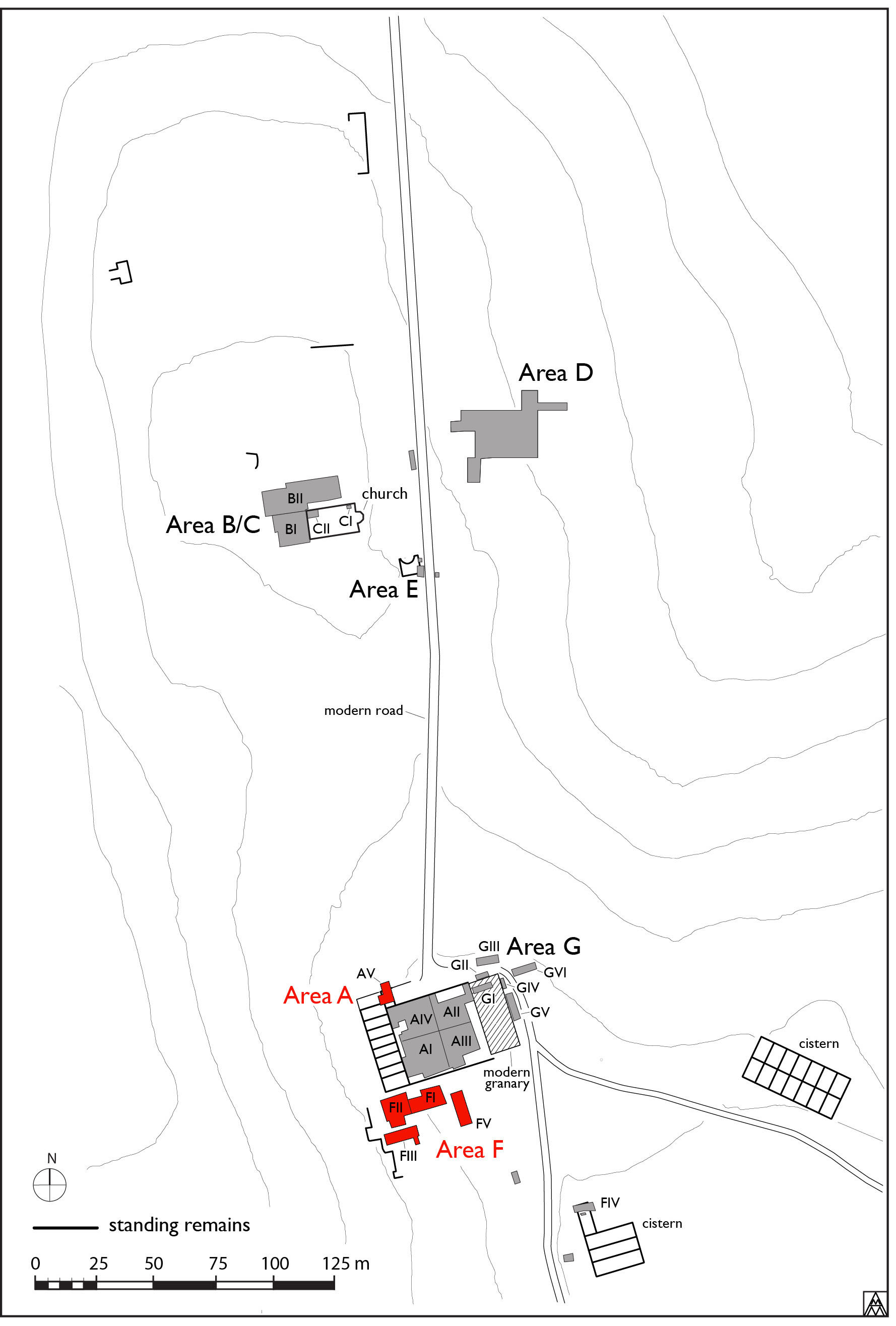 Figure 1. General site plan showing location of Areas A and F (Margaret Andrews).
