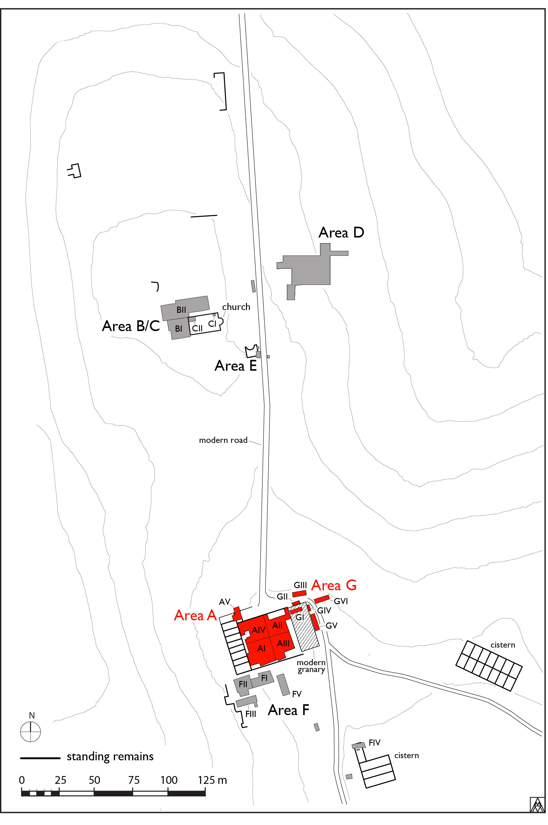 Figure 1. General site plan showing location of Areas A and G (Margaret Andrews).